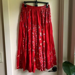 Vintage Red Floral Patchwork Midi Skirt